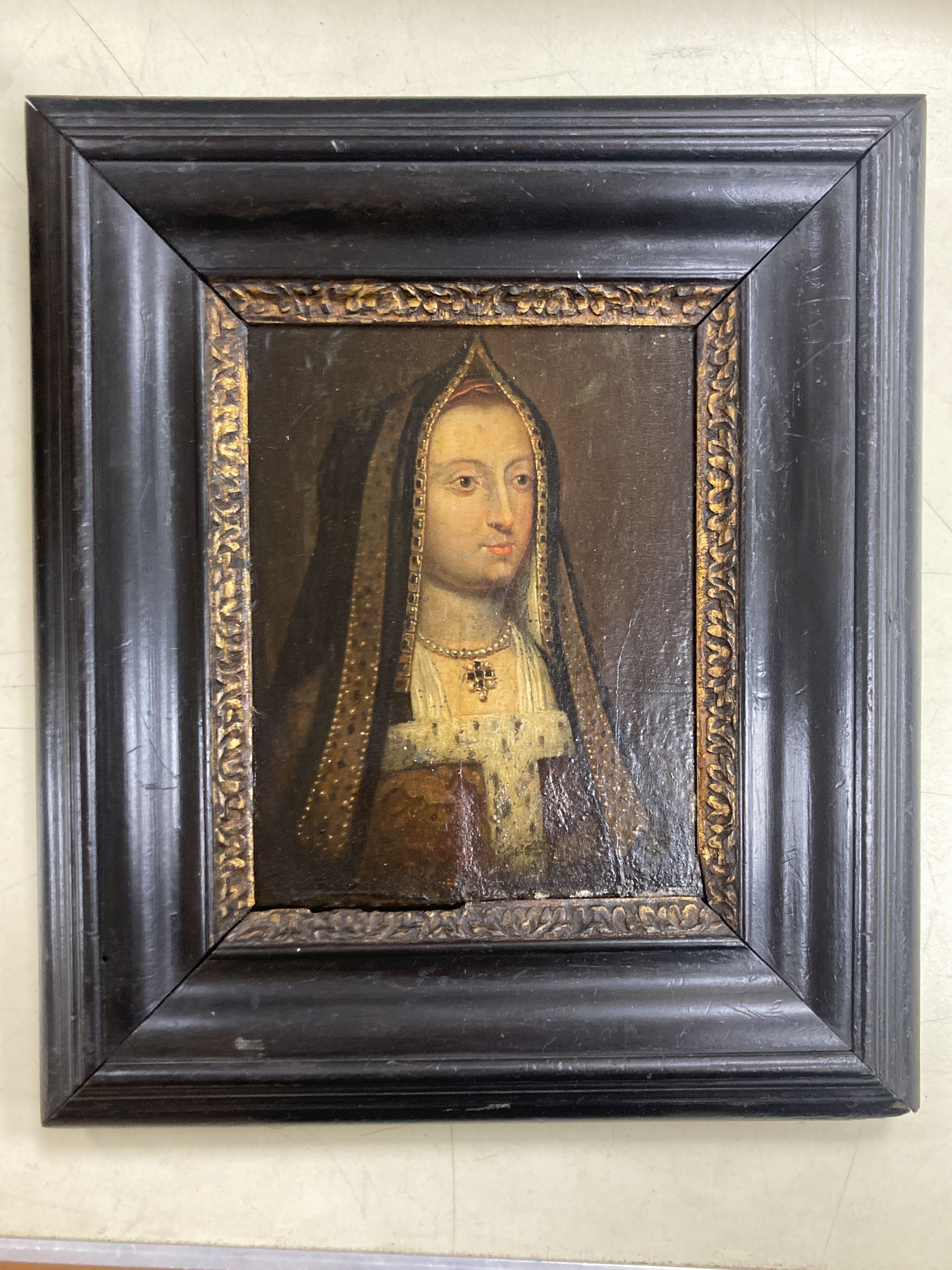 English School (19th century), oil on oak panel, Head and shoulder portrait of Catherine of Aragon, 15 x 11.5cm